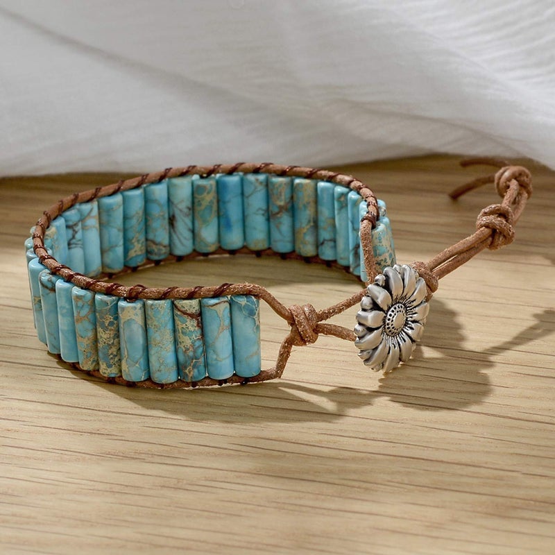 sedmart 7 Chakra Bracelets for Women with Real Stones Leather Wrap Healing Bead Bracelet Women Men Boho Friendship Jewelryâ€¦ (Flower Button & Turquoise) - Image 3